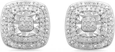 Jewelili 1/4 CTTW Diamond Stud Earrings in Sterling Silver. Choose from Heart, Cushion, or Round shape and Black, Blue, or White Diamonds.