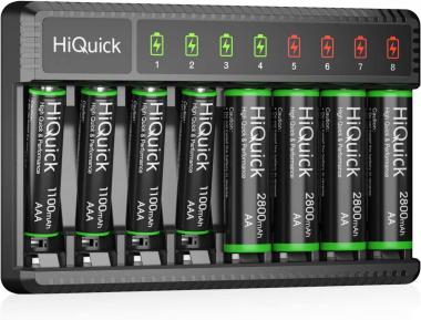 HiQuick 8 Bay Smart Battery Charger with AA & AAA Rechargeable Batteries- Fast Charging Household Battery Charger and AA 2800mAh Batteries 4 Pack & AAA 1100mAh Batteries 4 Pack