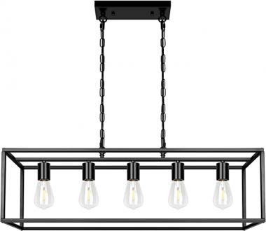 Black Farmhouse Kitchen Island Lighting Modern Linear Chandelier Industrial Dining Room Rectangular Light Fixtures for Living Room Foyer Bar (Black, 5-Light)