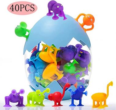 40PCS Animal Suction Toys, 8 Kinds Animal Kids Bath Toys for 3-7 Year Old Boys Girls, Sensory Toys for Relieve Stress Travel, Silicone Building Blocks Suction Cup Toy Gifts Come with Dinosaur Eggshell