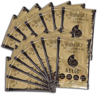 Relic Epsom Salt with Ancient Sea Salt and Coconut Oil - Unscented - 15 Single-Use Packets of Bath Salts