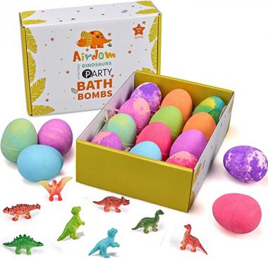 Airdom Dinosaur Bath Bombs for Kids - Set of 12 Egg Bubble Fizzies - Surprise Dino Toy Inside - Gentle and Kids Safe Spa Bath Fizz Balls Kit - Ideal Birthday Christmas or Easter Gifts for Boys & Girls