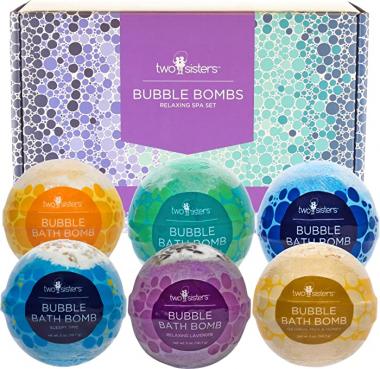 6 Relaxing Bubble Bath Bombs by Two Sisters Spa. 6-5oz Large 99% Natural Fizzies for Women, Teens and Kids. Moisturizes Dry Sensitive Skin. Releases Color, Scent, and Bubbles. Lavender, Eucalyptus