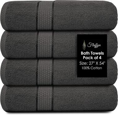 Fluffyn 100% Cotton Fancy Bath Towels -Towels for Bathroom - Eco-Friendly, Super Soft, Highly Absorbent Bath Towels - Oeko-Tex Certified - 27" x 54" Inches (Grey, Bath Towels Set of 4)