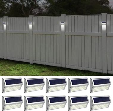 ROSHWEY Solar Outdoor Lights 10 Pack 30 LED Solar Fence Lights Stainless Steel Waterproof Post Solar Lamps Deck Lights Step Lighting for Outside Backyard Walkway Stairs, Cool White Light