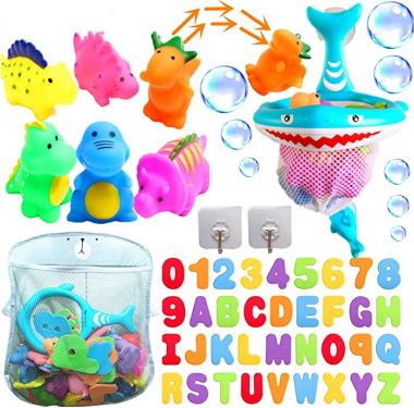 Baby Bath Toys,Bath Toys,Bath Toy Storage,Bath Toys for Toddlers 1-3,Bath Toy Baby Bath Set，Letters & Numbers, Bath Toy Organizer Dinausors Toys , Water Spray Bath Set with Fishing Net(44)