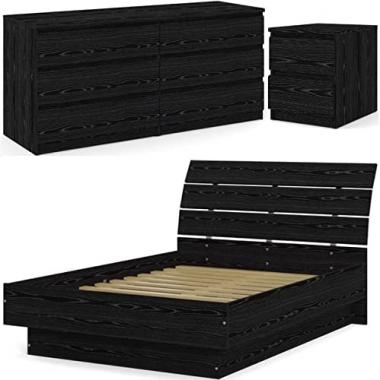 Home Square Contemporary 3 Piece Bedroom Set with Wood Platform Full Size Bed and 6 Drawer Wood Double Bedroom Dresser and 2 Drawer Wood Night Stand in Black Woodgrain