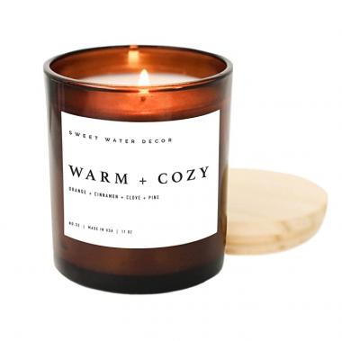 Sweet Water Decor Warm and Cozy Soy Candle | Pine, Orange, Cinnamon, and Fir Winter Scented Candle for Home | 11oz Amber Jar Candle with Wood Lid, 60 Hour Burn Time, Made in the USA