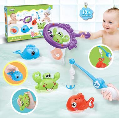 Dwi Dowellin Bath Toys Fishing Games with Fish Net Squirt Fishes Crab Pool Bath Time Bathtub Toy for Toddlers Baby Kids Infant Girls Boys Age 18months and up