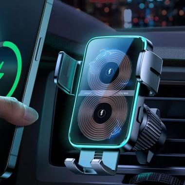 Wireless Car Charger Phone Mount: Dual Coil Joyroom LED Qi 15W Cell Phone Fast Charging Vent Holder with Auto Smart Sensor Clamping for iPhone 14 13 12 11 Pro Max, Samsung Galaxy S22 21 Note 20