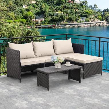 3-Piece Outdoor PE Rattan Furniture Set Patio Black Wicker Conversation Loveseat Sofa Sectional Couch Khaki Cushion