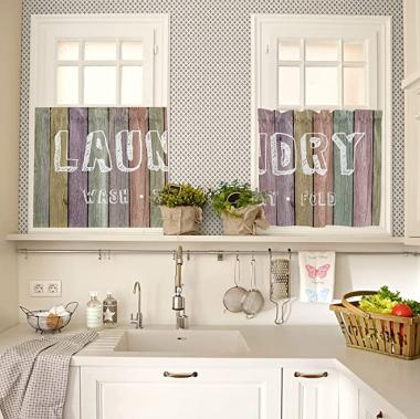 Window Curtain Panels Set of 2, Laundry Theme Colorful Rod Pocket Curtain Drapes for Kitchen Bedroom Living Room, Machine Washable Drapery Window Valances, 27.5x24inch, Vintage Rustic Wood