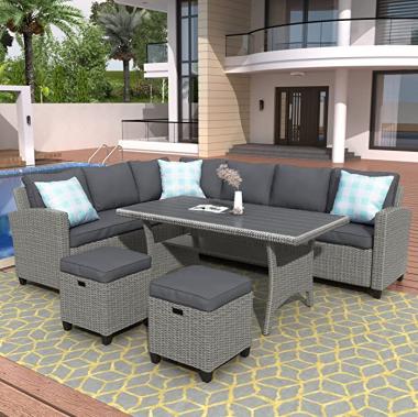 kupet Patio Furniture Set 5 Piece, Outdoor Conversation Sectional Sofa, All Weather Wicker Couch Dining Table Chair with Ottoman and Pillows, Gray