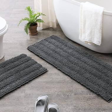 Grey Bathroom Rugs Sets 2 Piece Chenille Bathroom Mat Set Thick Bathroom Rug Runner Super Absorbent Bath Mats for Bathroom Non-Slip Machine Washable Bath Rug Set for Shower, 47x17 Plus 17x24, Ciicool