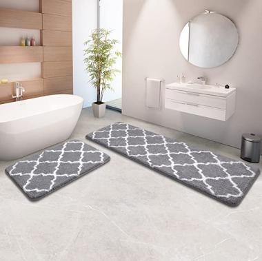 HappyTrends Bathroom Rugs and Mats Sets,2 PCS Non-Slip Fluffy Soft Microfiber Bath mat,Machine Washable Super Absorbent Shower Rugs Floor Carpet Mat (59"x20"+32"x20"Grey)