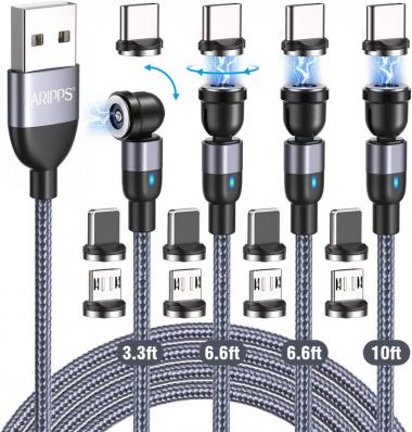 Magnetic Charging Cable 4 Pack (3.3ft/6.6ft/6.6ft/10ft), Aripps 540 Degree Rotating Magnetic Phone Charger Cable, 3 in 1 Nylon Braided Magnetic USB Cable for Type C, Micro USB