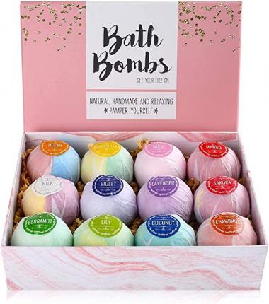 LotFancy Bath Bombs, 12PCS Natural Bath Bombs Gift Set, Fizzy Spa Handmade Bubble Bath Bombs for Women Men Kids, Rich in Essential Oil, Shea Butter, Valentines Gifts for Girls, Girlfriend, Wife