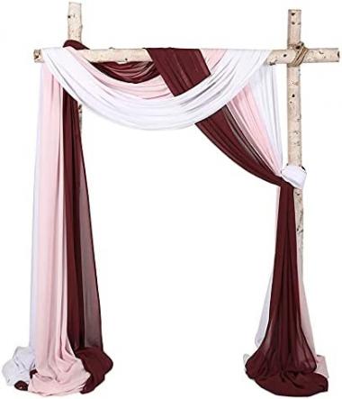 SHERWAY 3 Panels Chiffon Fabric Drapery Wedding Arch Drapes, Party Backdrop Curtain Panels, Ceremony Reception Swag Decoration (27 x 216 Inch, White & Burgundy & Pink)