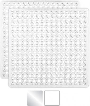 Gorilla Grip Patented Shower Stall Mat, 21x21, Machine Washable, Square Bathroom Bath Tub Mats for Stand up Showers and Small Bathtubs, Drain Holes Keep Floor Clean, Suction Cups, Pack of 2, Clear