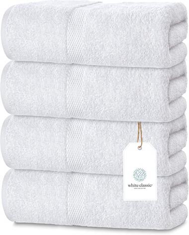 White Classic Luxury Bath Towels Large | 600 GSM Cotton Absorbent Hotel Bathroom Towel | 27x54 Inch | 4 Pack | White