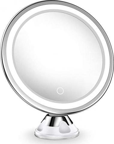 Upgraded 10x Magnifying Lighted Makeup Mirror with Touch Control LED Lights, 360 Degree Rotating Arm, and Powerful Locking Suction Cup, Portable Magnifying Mirror for Home, Bathroom Vanity, and Travel