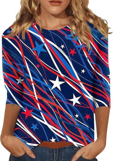 4th of July Tops for Women 2024 American Flag Shirts 3/4 Sleeve Round Neck Blouses