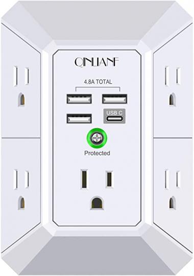 USB Wall Charger, Surge Protector, QINLIANF 5 Outlet Extender with 4 USB Charging Ports ( 4.8A Total) 3-Sided 1680J Power Strip Multi Plug Outlets Wall Adapter Spaced for Home Travel Office (3U1C)