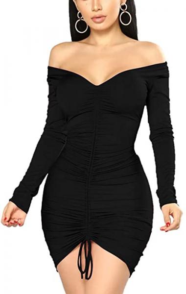 XXTAXN Women's Sexy Elegant Long Sleeve Off The Shoulder Ruched Mini Dress