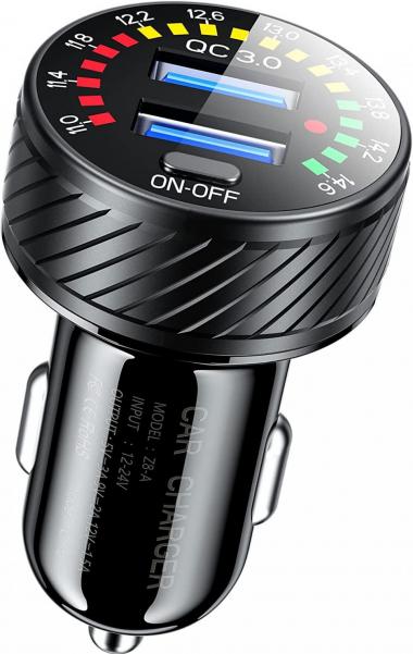 KEWIG Car Charger, Dual QC3.0 Port USB Fast Car Charger, 36W Quick Charge Car Phone Charger Adapter with Colorful Voltmeter & ON/Off Switch (Black)