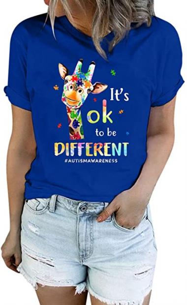 Womens Cute Blue T-Shirts Funny Letters Rainbow Puzzles Printed Graphic Tee Shirt Loose Crewneck Summer Tops Tshirts