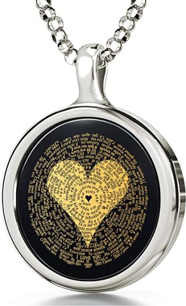 I Love You Necklace Inscribed with the Romantic Words in 120 Different Languages in Miniature Text of Pure Gold on Onyx Pendant for Women, 18" Rolo Chain