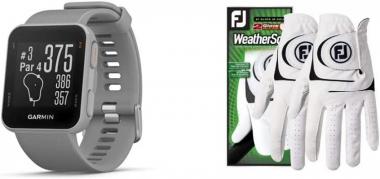 Garmin Approach S10, Lightweight GPS Golf Watch, Powder Gray & Footjoy Men's WeatherSof 2-Pack Golf Glove White Medium/Large, Worn on Left Hand