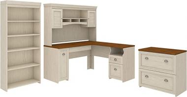 Bush Furniture Fairview L Shaped Desk with Hutch, Bookcase and Lateral File Cabinet in Antique White