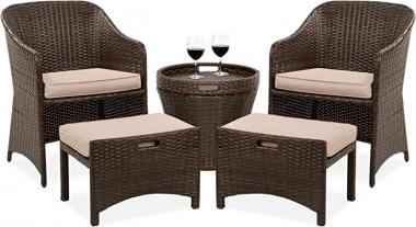 Best Choice Products 5-Piece Outdoor Patio Furniture Set, No Assembly Required Wicker Conversation Bistro & Storage Table for Backyard, Porch, Balcony w/Space-Saving Design - Brown/Beige