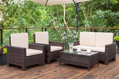 Homall 4 Pieces Outdoor Patio Furniture Sets Rattan Chair Wicker Conversation Sofa Set, Outdoor Indoor Backyard Porch Garden Poolside Balcony Use Furniture (Beige)