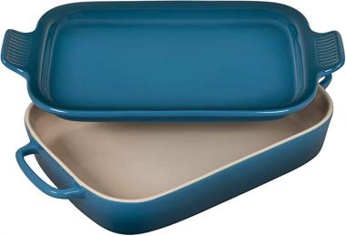 Le Creuset Heritage Casserole Stoneware Rectangular Dish with Platter Lid, 14 3/4 inch x 9 inch x 2 1/2 inch, Deep Teal, 2.75 qt