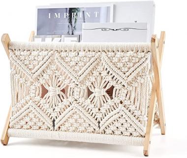 Mkono Macrame Magazine Rack Boho Magazine Holder Storage Standing Basket for Books, Newspapers, Swaddle Blanket, Living Room, Bathroom, Office, Nursery, Home Decor, Medium Size, 14’’L x 10’’W