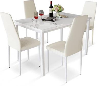 Recaceik Furniture 5 Piece Faux Dining Set, Modern Kitchen Table Marble Top and High Chairs for Breakfast Nook Small Spaces Beige