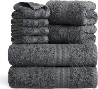 Bedsure Bath Towels Sets for Bathroom - 100% Cotton 8 Pieces Towels Set with 2 Large Bath Towels, 2 Hand Towels and 4 Washcloths, Grey Shower Towel Sets, Towels for Bathroom, Hotel, Gym, Spa