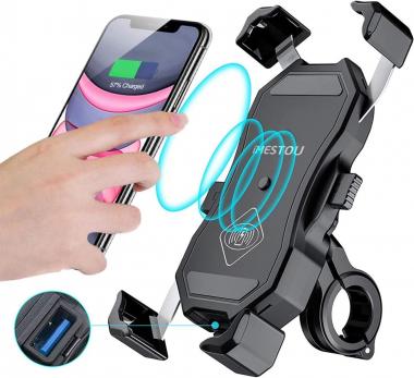 iMESTOU Waterproof Motorcycle Wireless 15W Qi/ USB Quick Charger 3.0 Phone Holder 2 in 1 Mount on 22-32mm Handlebar or Rear-View Mirror Fast Charging for 3.5-6.8 inch Cellphones