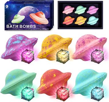 Bath Bombs with Surprise Inside,Bath Bombs Kids Gift Set,Handmade 6 Essential Oil-Rich Flying Saucer Lit Up Glowing,Relaxing Moisturizing and Nourishing Dry Skin, Give Men Women Bubble Bath SPA Kit