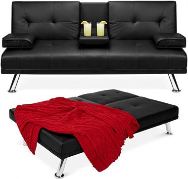 Best Choice Products Faux Leather Upholstered Modern Convertible Folding Futon Sofa Bed for Compact Living Space, Apartment, Dorm, Bonus Room w/Removable Armrests, Metal Legs, 2 Cupholders - Black