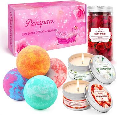 Panspace Bath Bombs Gift Set for Women, 4 Organic Bath Bombs with 2 Scented Candles & 1 Dried Rose Petals, Bubble Fizzies Spa Bath Bomb Kit for Women Girls Birthday Valentines Anniversary