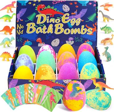 12 PCS Bath Bombs with Surprise Inside, Easter Basket Stuffers, Jumbo Bubble Bath Spa Shower Bombs with 24 PCS Dino Cards & Dinosaur Toys for Kids 5-7 Christmas Easter Eggs Gifts for Boys Girls Kids