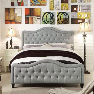 Rosevera Turin Upholstered Linen Tufted Button High-Profile Footboard with Adjuatable Headboard Bed, King, Grey