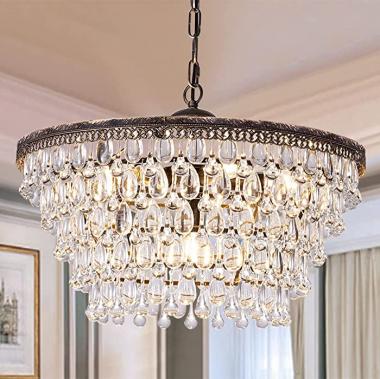 Wellmet Crystal Chandelier, 6-Light 5 Tiers Farmhouse Crystal Light, Adjustable Hanging Bronze Ceiling Lighting Fixture, Modern Foyer Dining Room Chandeliers for Bedroom,Hallway,Bar,Kitchen, W20-inch