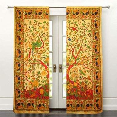 Indian Hippie Mandala Window Curtains Gypsy Bohemian Sun Moon Beautiful Drapery Bedroom Living Room Balcony Valance Panels Bedroom Decor Wall Hanging Window Curtains Boho Panels(Yellow T.L)