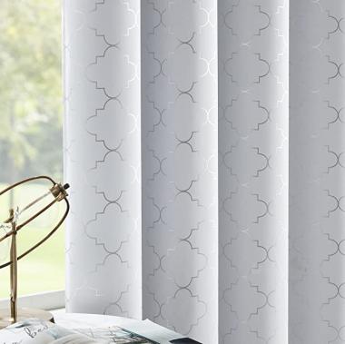 100% Full Blackout Curtains Thermal Insulated Drapes 84 Inch Long for Bedroom, White Drapery with Silver Geometric Pattern Room Darkening Grommet Window Curtain for Living Room, 2 Panels