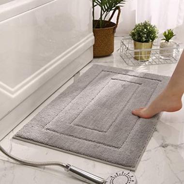 Winhot Grey Bathroom Rug, Water Absorbent Soft Shower Small Bath Rugs, Machine Washable, Square Gray Bath Mats for Bathroom , Quick Dry Luxury Thick Plush Comfortable Carpet 24X16 Light Grey