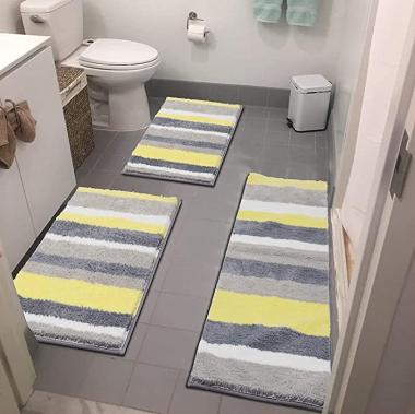 Vaukki 3 Piece Bathroom Rugs Set, Non Slip Shaggy Microfiber Bath Shower Mats Set, Plush Absorbent Washable Bath Rugs Runner for Bathroom, Tub and Shower (18''x26''+20''x32''+18''x48'', Yellow)